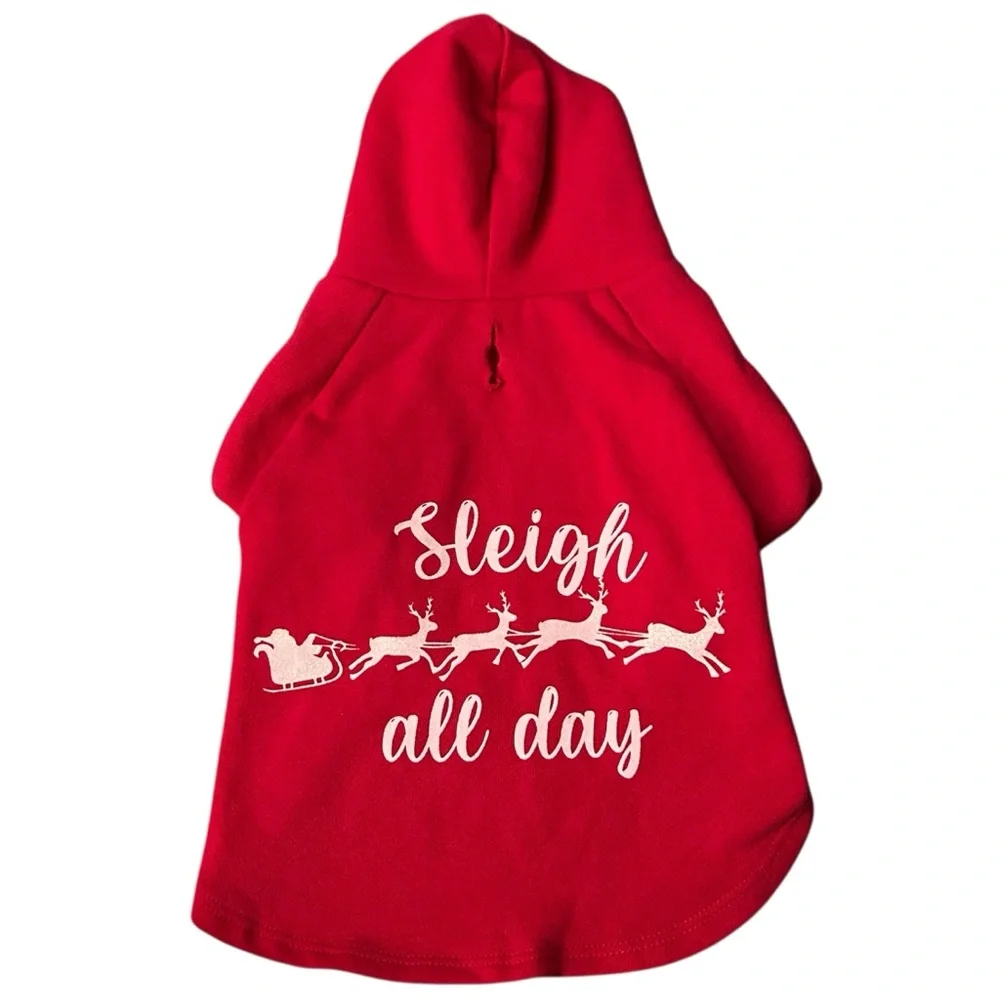 Pup Crew Sleigh All Day Red Christmas Holiday Dog Hooded Sweatshirt Sweater